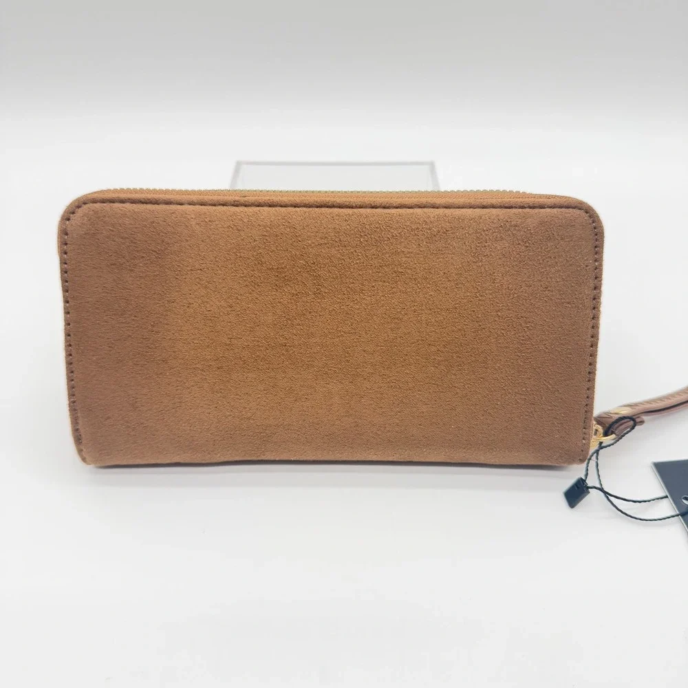 Badgley Mischka Brown Faux Suede Zip Around Wristlet Continental Wallet NEW